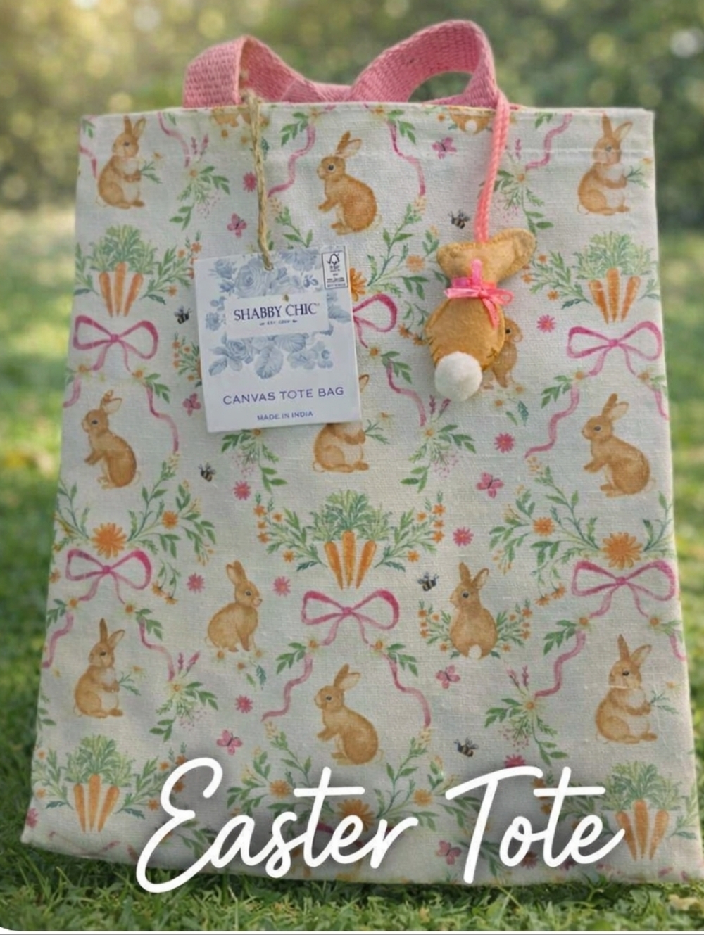 Shabby Chic Pastel Bunny Cotton Tote with Pink Handles